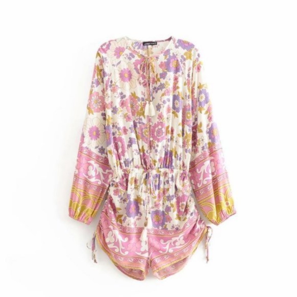 IN STOCK Boho Chic Floral Print Side ruched romper - Picture 5 of 7